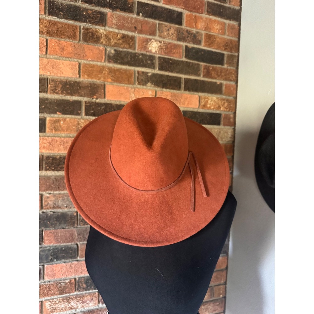 Free People Wyeth Rust Orange Wool Fedora Wide Brim Hat Boho OS